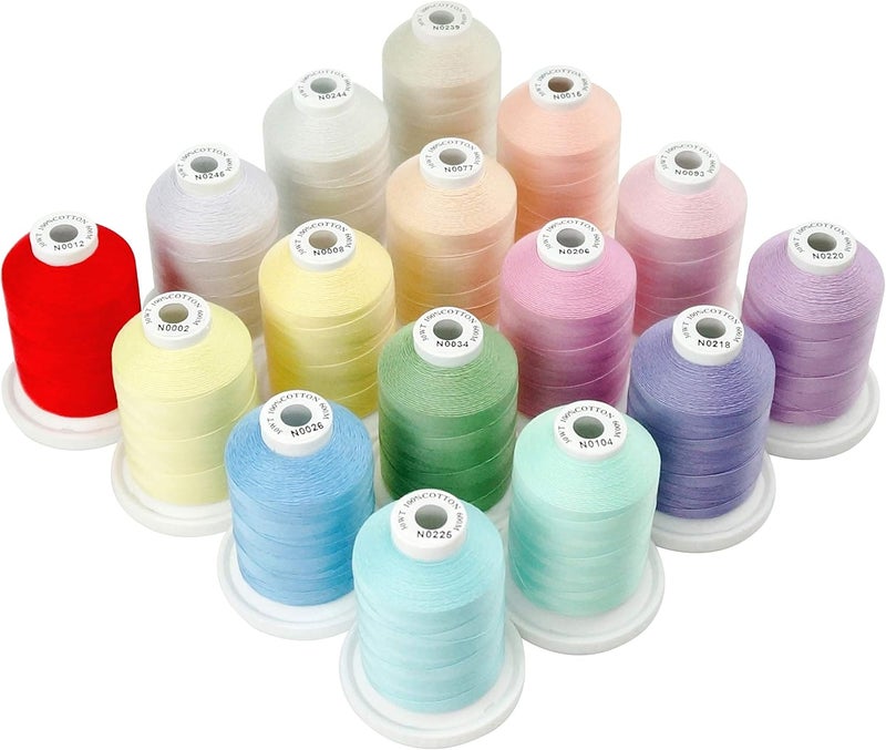 New brothread - 18 Options - Multi-Purpose 100% Mercerized Cotton Threads 50S/3 600M(660Y) Each Spool for Quilting, Serger, Sewing and Embroidery - 16 Pastel Colors - Image 1
